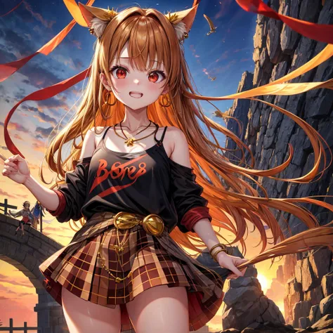 Brown, red, gold, golden hair、Red eyes、One good looking girl、solo、anime、Checkered mini skirt、Black camisole、Black T-shirt、hoodie、Wearing a ribbon、Ribbon on waist、Crystal Earrings、Gemstone Necklace、Light and shadow、Tilting face、Teeth are visible、waterfall、K...