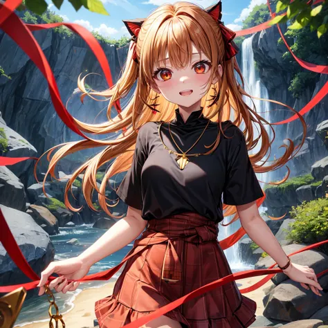 Brown, red, gold, golden hair、Red eyes、One good looking girl、solo、anime、Checkered mini skirt、Black camisole、Black T-shirt、hoodie、Wearing a ribbon、Ribbon on waist、Crystal Earrings、Gemstone Necklace、Light and shadow、Tilting face、Teeth are visible、waterfall、K...