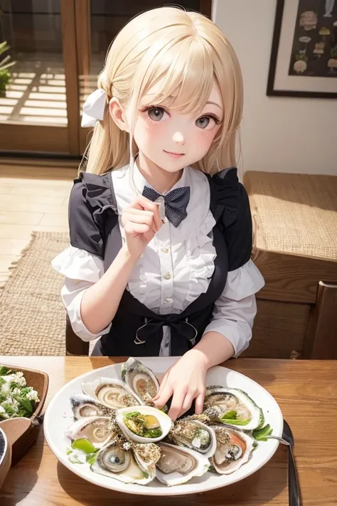 Let&#39;s eat raw oysters together, fully-dressed oyster girl