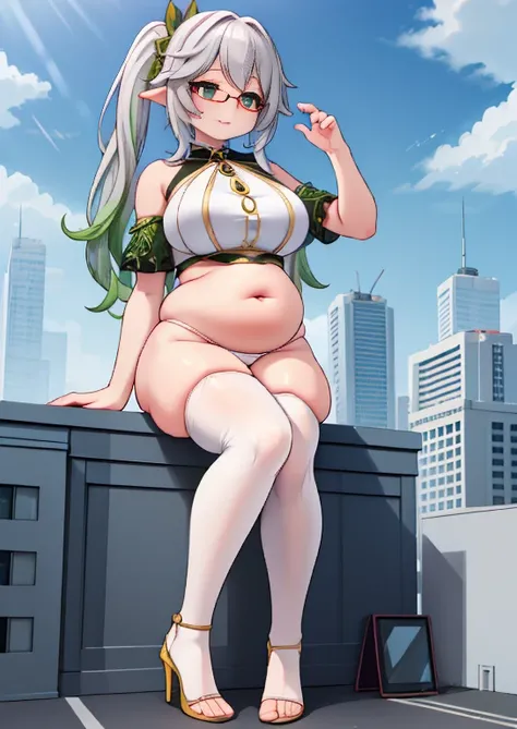 (masterpiece, best quality, highly detailed), 1girls, big belly, huge belly, art by kipteitei, round belly, chubby, curvy, belly grab, enormous belly, fat belly, thicc, bigger belly, really big belly, jiggly belly, glasses, thighhighs, smug face, sitting, ...