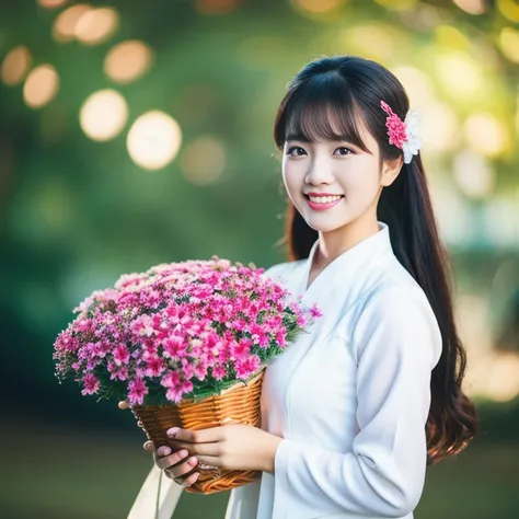 Ao Dai, smile, Shot with a Nikon Z7 II mirrorless camera.,120 mm.F/4 wide-angle shot with the most modern high quality Fuji camera 45,000,000 Chili Cell,) 8k,)
a woman in a pink dress  with flower in it and a (basket of flower), Ding Yunpeng, Fuk Kuan, sto...