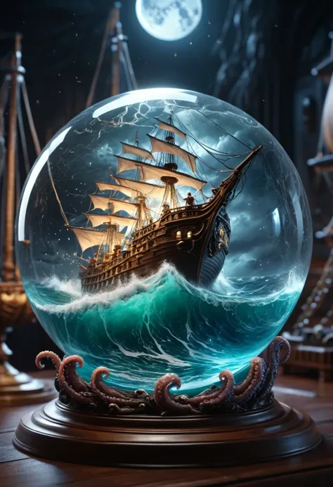 A glass sphere sculpture, concealed inside the sphere is a large Pirate Ship in a Lightning storm, large waves, in the dark, (giant squid tentacles:1.5) attacking pulling the ship down, detailed image, 8k high quality detailed, the moon, cinematic, tilt sh...