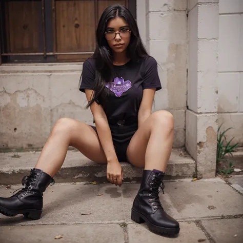 uma mulher de 16 anos, morena, cabelo preto, blusa preta, saia vermelha, purple glasses and black boots