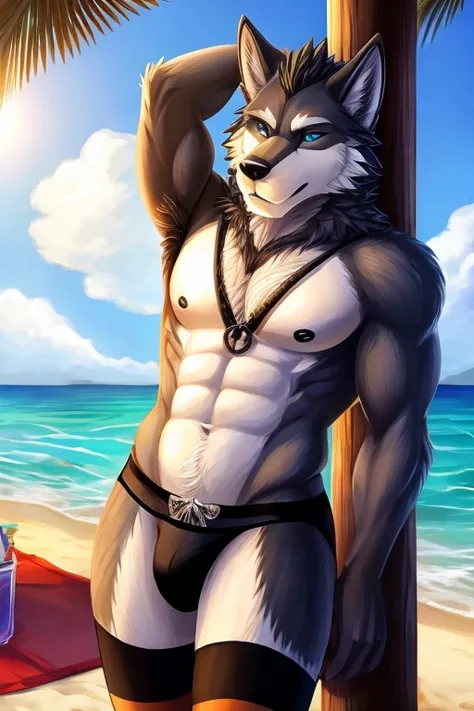 Male furry wolf character; wearing black bra, panties and long striped stockings at the beach