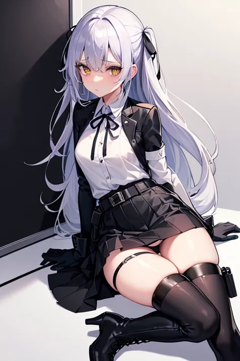 high quality、２０generation((whole body、woman、Yellow Eyes、Black and white long hair、Short shirt with a hem、Black gloves、Belt with holster、stomach、I have a pen、A long black skirt that shows off your legs、Skirt flip、Purple ribbon、White underwear、Panties in ful...