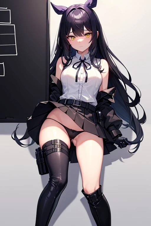 high quality、２０generation((whole body、woman、Yellow Eyes、blue long hair、Short shirt with a hem、Black gloves、Belt with holster、stomach、Holding scissors、A long black skirt that shows off your legs、Skirt flip、Purple ribbon、White pants、Panties in full view、Clot...