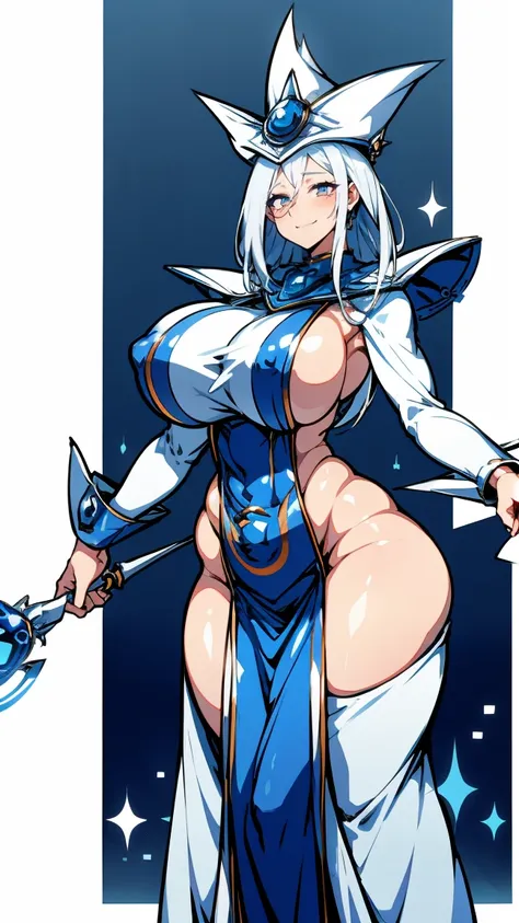 Silent magician, ropa apretada, poca piel visible, ((  ruborizada, sonrisa)),  pelo largo, cabello blanco, (( white hair)), curvy body, chubby girl, gigantic sagging breast , monstruo de duelo, Iparuputsua, magic world background, mundo medieval .