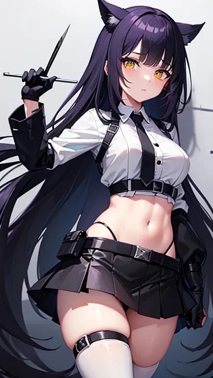 high quality、２０generation((whole body、woman、Yellow Eyes、Black and white long hair、Short shirt with a hem、Black gloves、Belt with holster、stomach、Holding scissors、A long black skirt that shows off your legs、Skirt flip、Purple ribbon、White pants、Panties in ful...