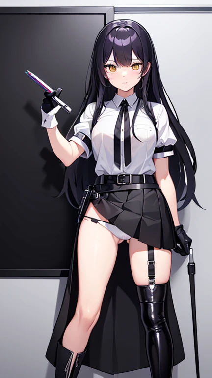 high quality、２０generation((whole body、woman、Yellow Eyes、Black and white long hair、Short shirt with a hem、Black gloves、Belt with holster、stomach、Holding scissors、A long black skirt that shows off your legs、Skirt flip、Purple ribbon、White pants、Panties in ful...