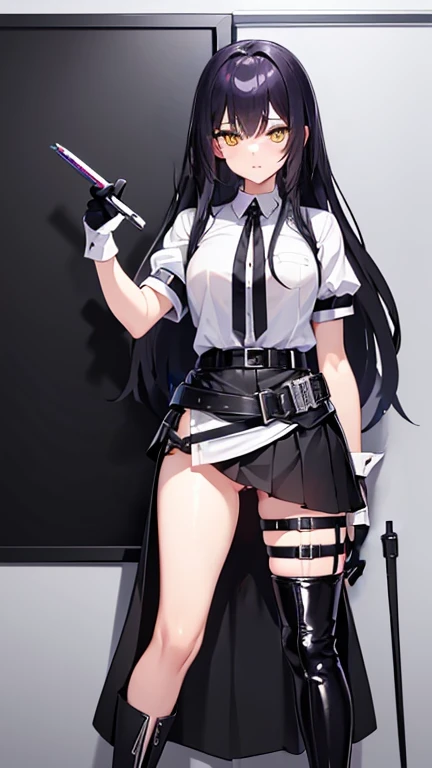 high quality、２０generation((whole body、woman、Yellow Eyes、Black and white long hair、Short shirt with a hem、Black gloves、Belt with holster、stomach、Holding scissors、A long black skirt that shows off your legs、Skirt flip、Purple ribbon、White pants、Panties in ful...