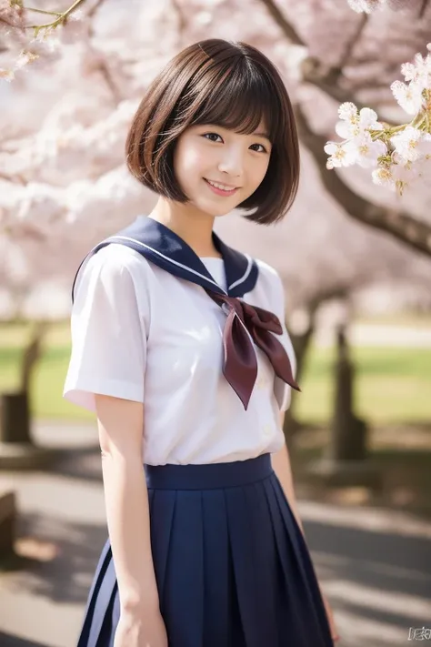 桜を見るセーラー服を着た女子高生