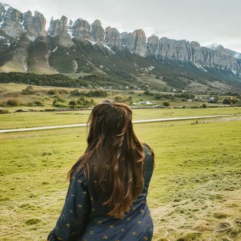 there is a woman standing in a field flying a kite, hills in the background, looking at the mountains, panoramic view of girl, amidst nature, long long flowing hair, in mountains, with mountains in the background, long hair girl, looking off into the dista...