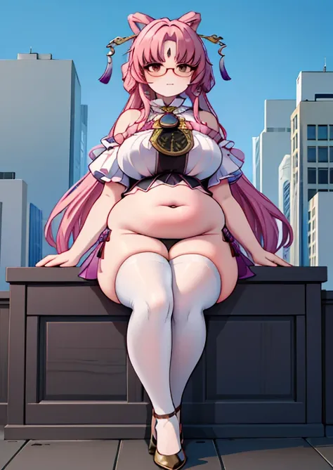 (masterpiece, best quality, highly detailed), 1girls, big belly, huge belly, art by kipteitei, round belly, chubby, curvy, belly grab, enormous belly, fat belly, thicc, bigger belly, really big belly, jiggly belly, glasses, thighhighs, smug face, sitting, ...