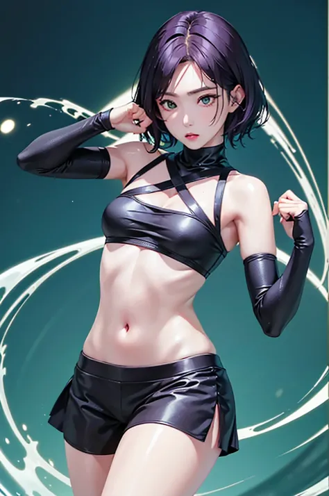 (Finest quality)),(A high resolution),(ultra-detailled art),(Meticulous portrayal),((Best Anime)),(Finest works of art),sharpness,Clear,Ultra-Precision Art,The art of astounding depiction, (Female Ninja in the Dark:1.3),

short Hair,
purple hair, vibrant p...