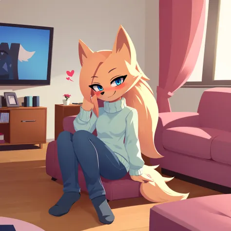 score_9, score_8_up, 1girl, solo, Whisper the wolf, blue eyes, blushing, sitting, living room, sweater, jeans, smile, closed mouth, cute, hearts, looking at viewer, lineless style, 2D 