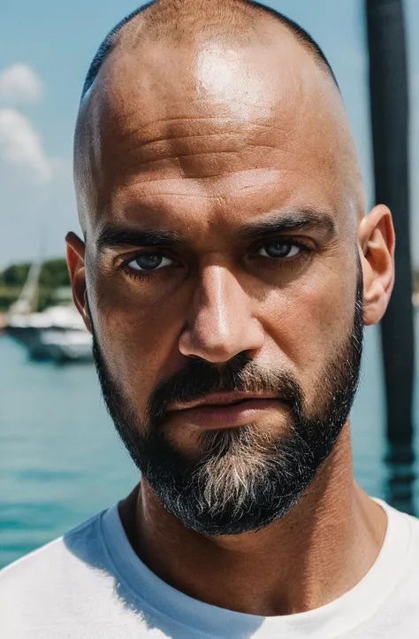 (best quality,ultra-detailed,realistic:1.37),portrait,hiperrealism,hiperdetailed,sunny light,brilliant colors,40 years old man,muscled,handsome,bald,black long beard,intense gaze,only head and shoulders,first person perspective,looking directly at the came...