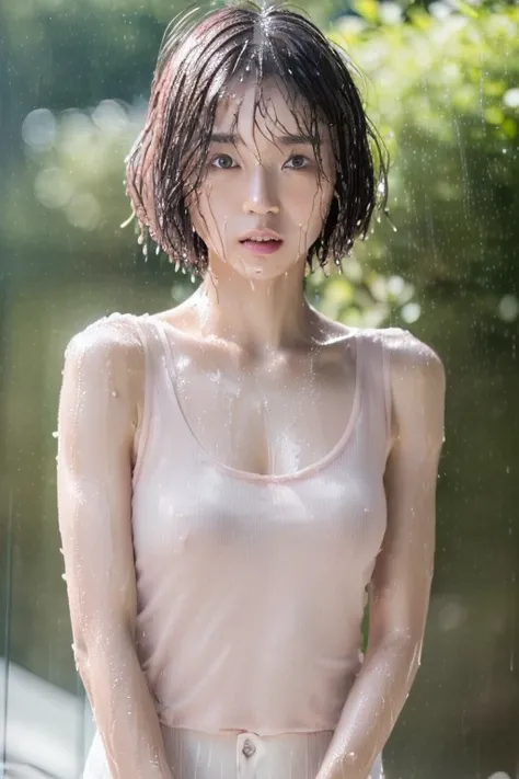 ((Top Quality, 8k, Masterpiece: 1.4)), japanese woman, ((blush, very short bob cut, skinny:1.2)), ((30 years old:1,2)), ((looking at viewer:1.4)), full body, ((wet white tanktop:1.2))