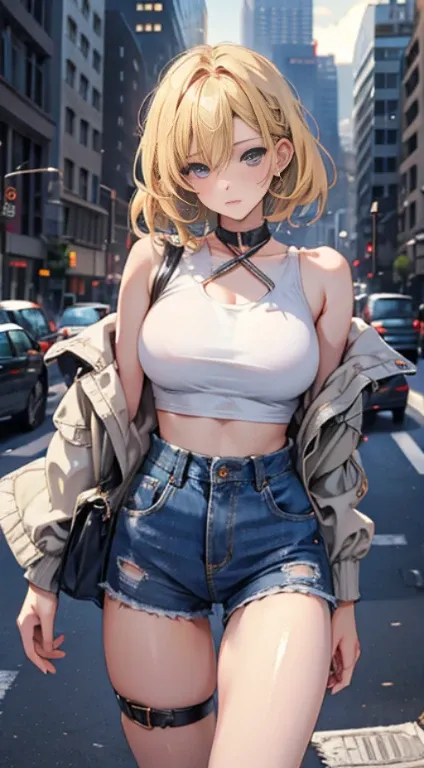 (masterpiece:1.2), best quality, PIXIV, cool girl, glorious, blonde hair, street, short shorts, big breast