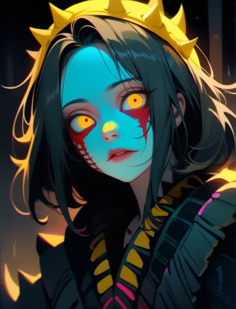 scorpion girl,beautiful detailed eyes,beautiful detailed lips,longeyelashes,medium:oil painting,scary atmosphere,spiky tail,dark background,black costume,bright yellow eyes,ultra-detailed,horror,neon colors palette,subtle lighting