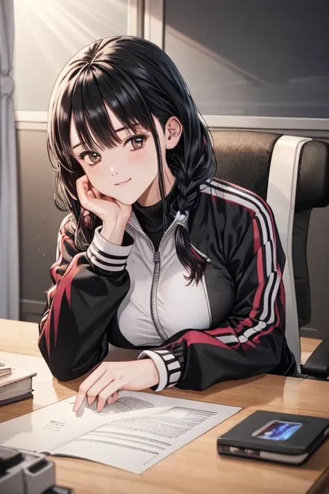 ((8K、top-quality、​masterpiece:1.2)、(realisitic、ultra-detailliert、超A high resolution,,beautifull detailed face
room, (1girl,braid hair,black hair,upper body),
(track jacket,track pants,longsleeve), gigantic breasts, (breast on the desk and rest ones chin on...