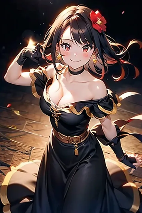 yor briar, anime style beutiful woman, 1girl,full body, happy, smile, red face, closed mouth, beautiful detailed eyes, super detailed skin, backlighting, bare shoulders, black background, black dress, black gloves, black hair, breasts, dress, earrings, fin...