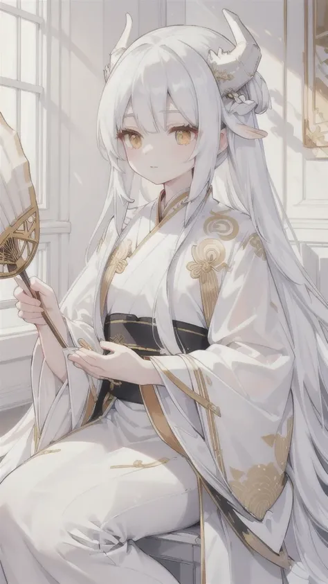 (best quality, highres, ultra-detailed:1.2), beautiful long white hair, stunning golden eyes, silver Hanfu armor, intricately designed white folding fan, white dragon horns, ethereal lighting, soft color palette