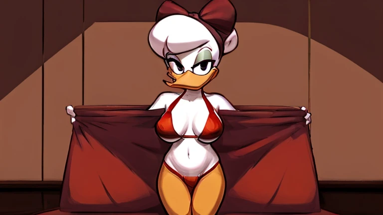 Daisy Duck stripteasing seductively in a night club, undressing her red bikini to reveal her own naked body, while winking her eye at the camera.