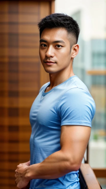 (((male))), 36 years old, Japanese, HD, True-to-life imagery, Upper body composition, The face is illuminated, Black short straight hair, Sharp eyebrows, Squinting，With a hint of cunning, Pointed nose, Thin lips smile, Wearing a light blue round-neck T-shi...