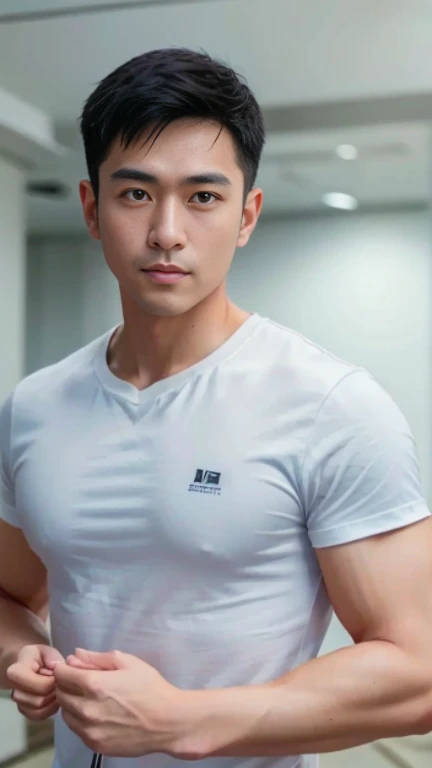 (((male))), 36 years old, Japanese, HD, True-to-life imagery, Upper body composition, The face is illuminated, Black short straight hair, Sharp eyebrows, Squinting，With a hint of cunning, Pointed nose, Thin lips smile, Wearing a light blue round-neck T-shi...