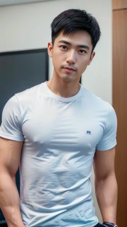 (((male))), 36 years old, Japanese, HD, True-to-life imagery, Upper body composition, The face is illuminated, Black short straight hair, Sharp eyebrows, Squinting，With a hint of cunning, Pointed nose, Thin lips smile, Wearing a light blue round-neck T-shi...