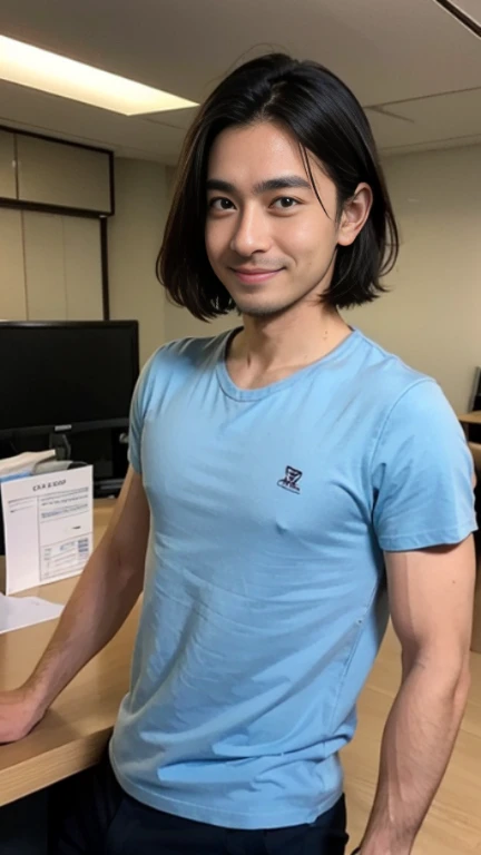 (((male))), 36 years old, Japanese, HD, True-to-life imagery, Upper body composition, The face is illuminated, Black short straight hair, Sharp eyebrows, Squinting，With a hint of cunning, Pointed nose, Thin lips smile, Wearing a light blue round-neck T-shi...