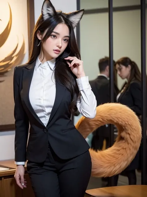 ((highest quality)), ((masterpiece)), (Get used to it), Perfect Face, Fox Girl, Beautiful woman, public, It has a tail, She has a fluffy tail, She has a fox&#39;s tail, She wags her tail, Troubled face, first round, She is wearing a business suit, Beautifu...