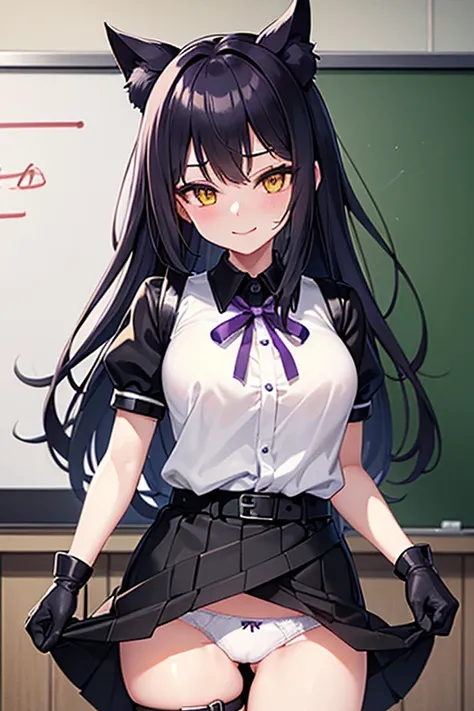 high quality、２０generation、whole body((whole body、woman、Yellow Eyes、smile、Black and white long hair、Short shirt with a hem、Black gloves、Belt with holster、stomach、I have a pen、A long black skirt that shows off your legs、Skirt flip、Purple ribbon、White underwe...