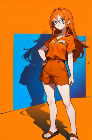 • a female teacher, 
-description: 
  >Long hed hair, 
  >Blue eyes With glasses,
  >1,60 cm tall, 
  >32years old, 
-wearing: 
  >Orange shirt, 
  >bown shorts,
  >Orange heeled sandal,
-image background: 
  >school building, 
  >in the background,