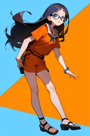 • a female teacher, 
-description: 
  >Long hed hair, 
  >Blue eyes With glasses,
  >1,60 cm tall, 
  >32years old, 
-wearing: 
  >Orange shirt, 
  >bown shorts,
  >Orange heeled sandal,
-image background: 
  >school building, 
  >in the background,