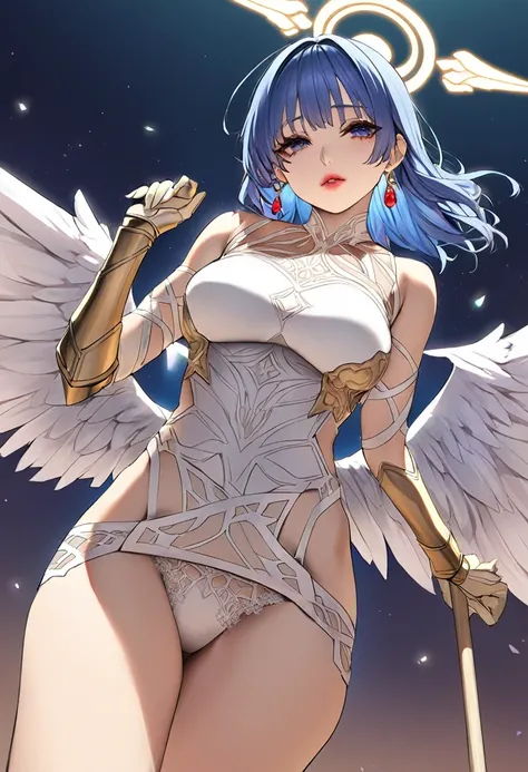 masterpiece、highest quality、Ultra-high resolution、Maximum resolution、Very detailed、Professional Lighting、anime、Adult women、thin、so beautiful、Beautiful face、White gorgeous dress、White breastplate、Wear golden arm and leg armor、Angel Halo、Red earrings、Blue Ha...