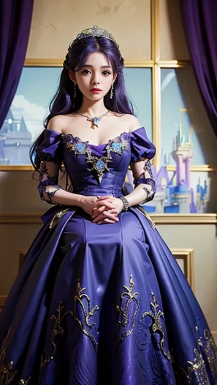  ((highest quality)), ((masterpiece)), (detailed), 1 girl, Nice face, Super long hair, Blue Hair, Impressive hairstyle, Small breasts, (Doll:1.5), (Purple Dress:1.5), (jewelry:1.5), (Disney Castle:1.5), (Ice Weather:1),