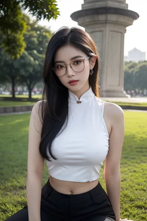 1girl, a Chinese-Indonesian woman with fair skin, long black hair, and thin-framed glasses. Her lips are soft pink, and she has medium-sized breasts and a normal body shape. She wears a simple dark crop top and dark pants, adding elegance to her look. In t...