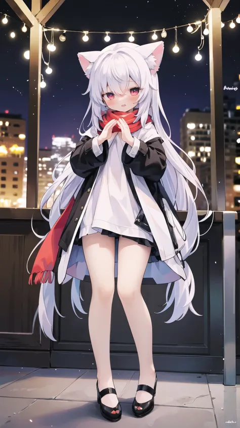 Masterpiece, the best quality, high quality, colorful, 1 girl, Lori, whole body, white hair, long hair, animal ears, red eyes, blushing, mouth open, looking away, red scarf, coat, black high heels, streets, trees, lights, (bow, hands in the air, hands abov...