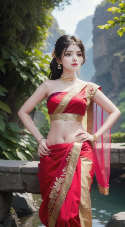 Realistic image of 24 year old Indian girl wearing golden sharee with red shining border, cute face slim body, awesome anatomy , nature background, flower on saree. Amazing background 