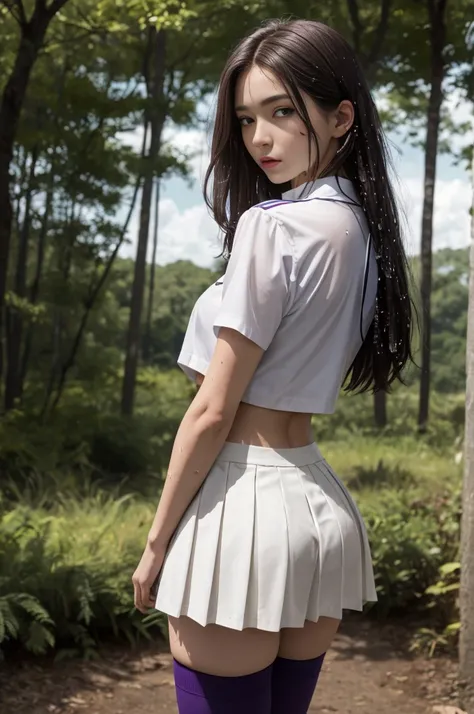  best quality,8k,ultra high res,cowboy shot,from behind,from back,soft light,standing,1woman ,mature female,solo, college uniform,sailor collar,arms at sides,white thighhighs,crop top,underboob,shirt lift,blue skirt,pleated skirt,short sleeves,white shirt,...