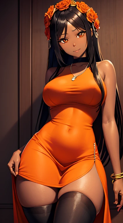 (masterpiece), best quality, expressive eyes, perfect face,black ebony skin,half naked, orange coloured sleeveless princess dress, perfect shaped body,long hair, black hair, orange eyes,big sized breasts, black skin, ultra realistic detailed orange eyes, l...