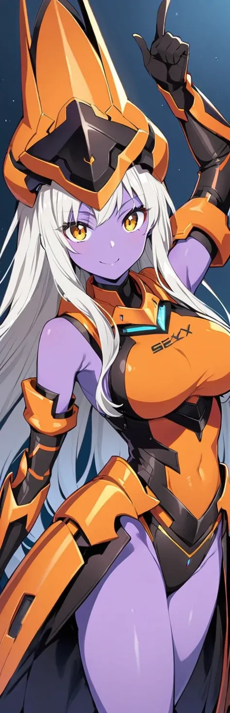 an anime drawing of sexy girl in black and orange gear, female armor, arm outstretched with elbow joint pointing up, 1girl, breasts, gloves, solo, large breasts, looking at viewer, smile, black gloves, long hair, silver hair, purple skin, yelow eyes