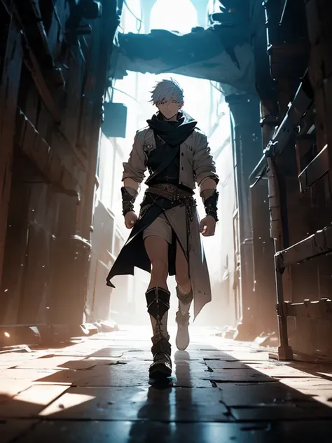 A badass male character with a white short hair that using a fight gauntlet walking so cold in the middle of dungeon