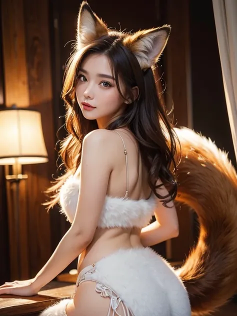 ((highest quality)), ((masterpiece)), (Get used to it), public, Perfect Face, Fox Girl, Beautiful woman, It has a fluffy tail., She has a fox&#39;s tail, She wags her tail, Troubled face, Collars and Leads, She is wearing a business suit, Beautiful Hips, B...