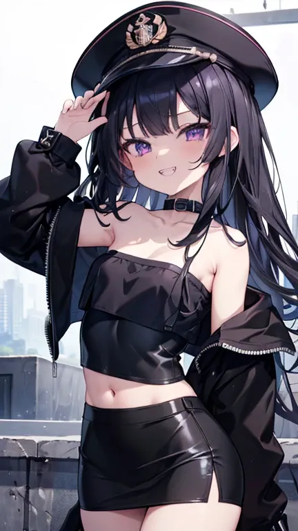 (8K、Highest image quality、highest quality、masterpiece)、detailed face、((one loli))、black hair、long hair、purple eyes、evil smile、open your mouth、((jagged teeth))、small breasts、Black military cap、((black jacket))、off shoulder、((black tube top))、((strapless))、s...