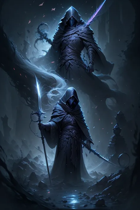 Grey scale image of a wraith in flowing robes with a scythe that has an incorporeal blade, very realistic style, dark forest back drop.