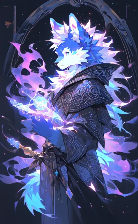 Close-up of cartoon character holding magic wand, Mysterious art style, beautiful celestial Mage, dark fox Mage, [ Tarot ]!!!!!, Astral ethereal, in mysterious style, as a Tarot, No PFP, /! , Star Guardian Inspired, Holding a magic wand, Thin male fantasy ...