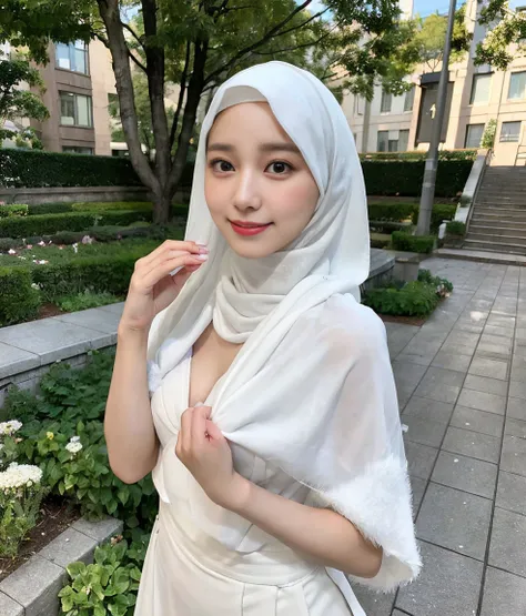 Wearing long white pashmina hijab, wearing white nurse uniform. Uniform unbuttoned loose open, Undressing nude breasts, showing nipples, wearing short tight skirt, detailed face, 8K, Top Quality, Intricate Details, Ultra Detail, Ultra High Resolution, Mast...