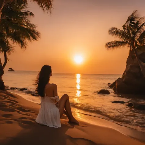 brunet Asian sexy woman sitting in a beach near the sea at sunset